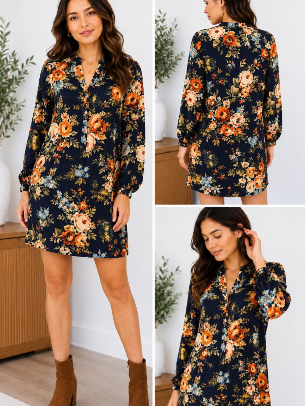 Like New H&M Navy Floral Shirt Dress Size 6 Long Sleeve Boho Tunic Mini Dress